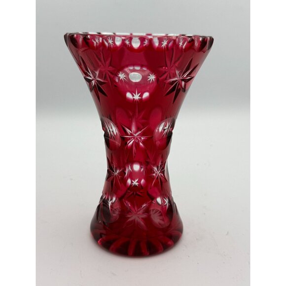 Bohemian Lead Crystal Cut to Clear Cranberry Round Thumb Star Vase VTG - Picture 5 of 7